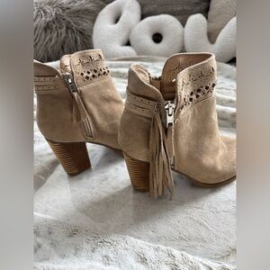 Tan Suede Fringe Booties with Laser Cut Detail